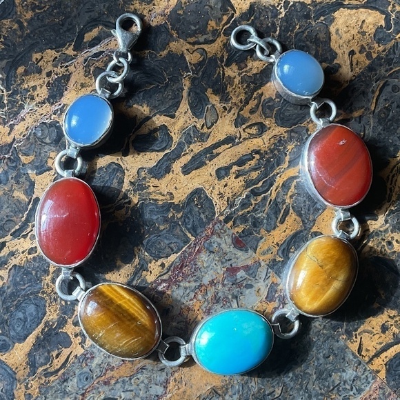 Sterling Silver 925 Turquoise/Tiger Eye/Carnelian/Blue Chalcedony Bracelet - Picture 3 of 11